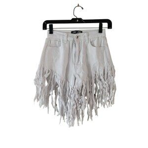 Fringed White Denim Shorts High Waist Distressed Hem By JC & JQ Cowboy Sz  XS